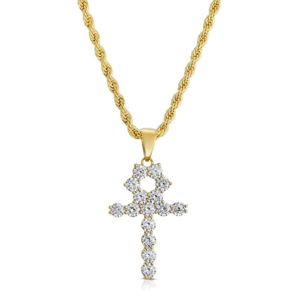 Micro Diamond Ankh Gold Necklace Pendant & Rope Gold Chain The Gold Gods close up front view