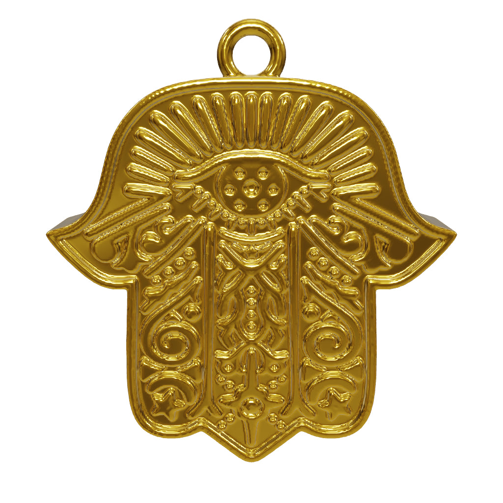Hamsa Hand Gold Pendant Necklace & Franco Gold Chain Gold Gods® close up 3D view