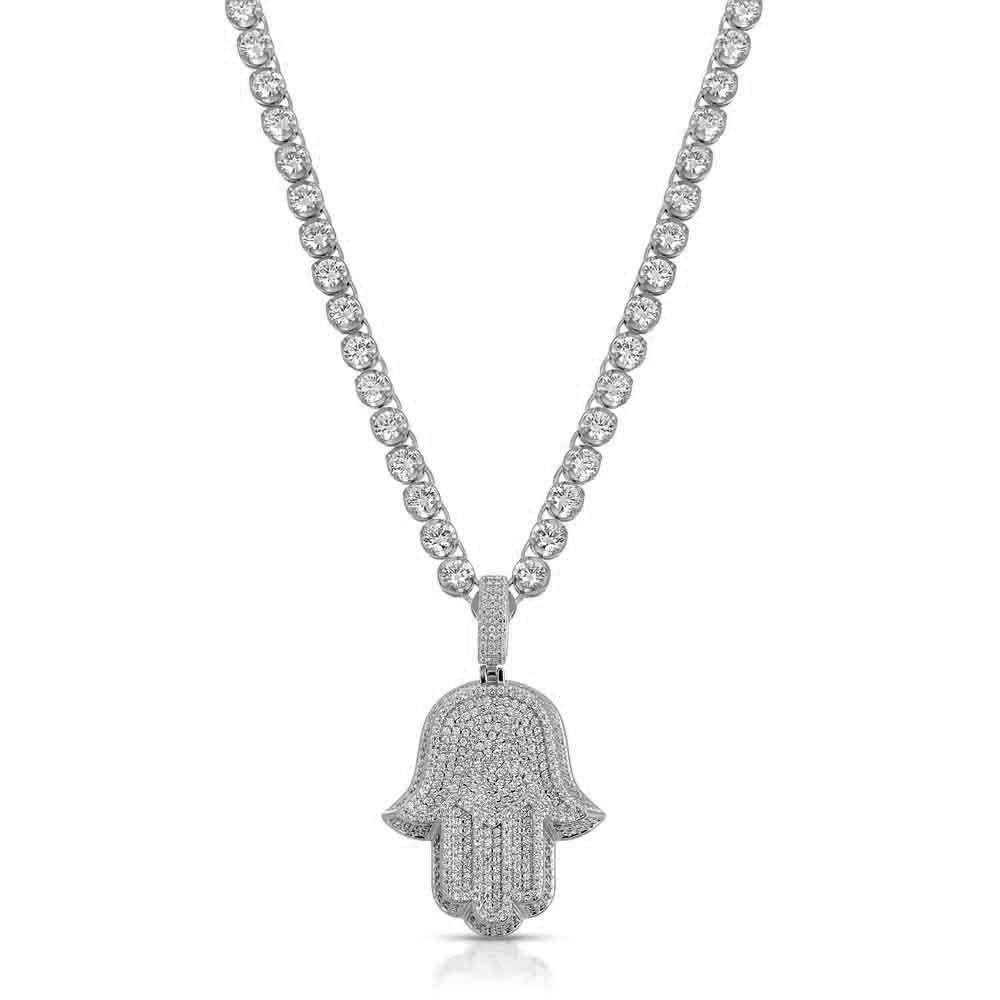 Diamond Hamsa Hand & Diamond Tennis Chain White The Gold Gods Front