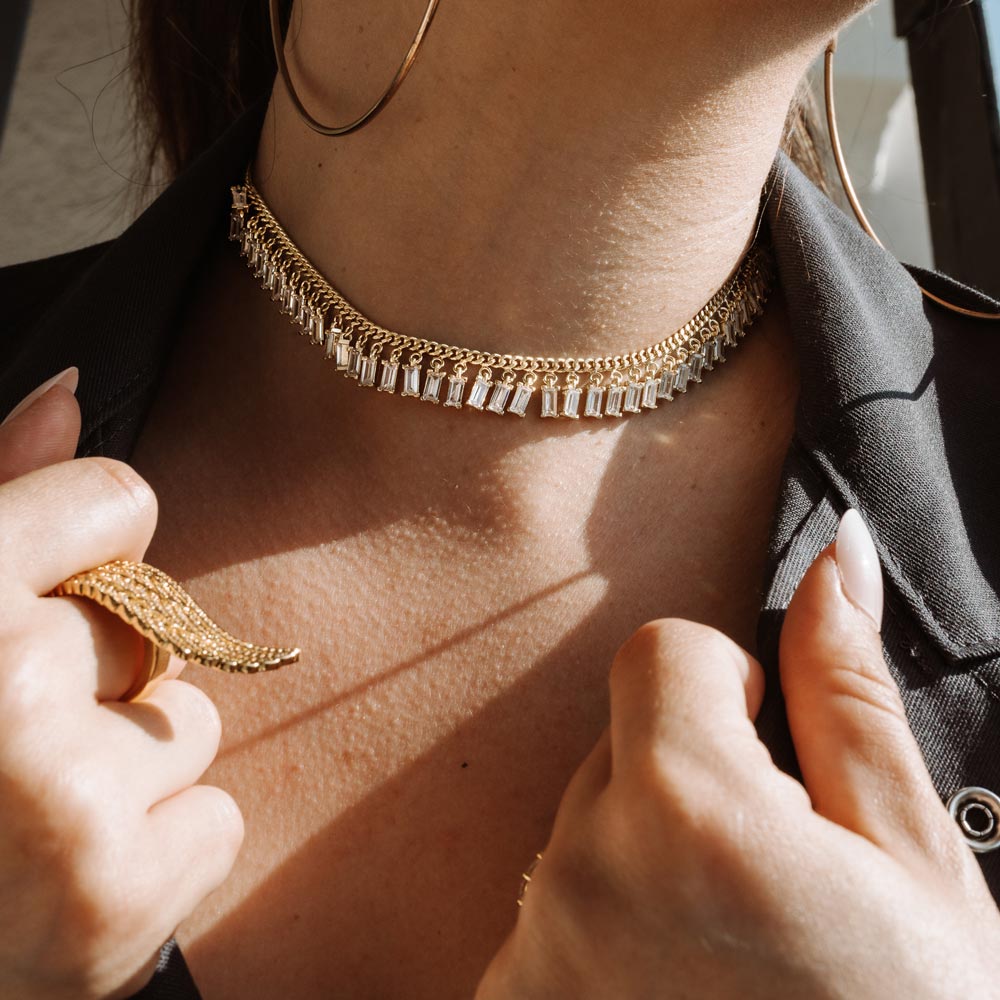 Womens Gold Diamond Baguette Choker Necklace | The Gold Goddess