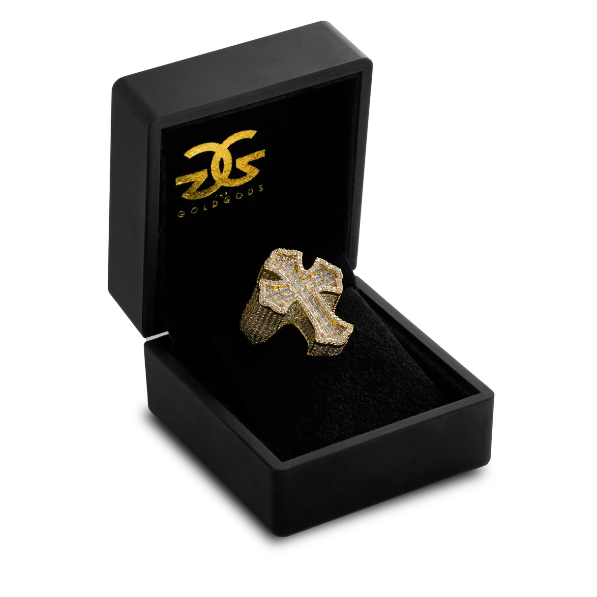 Gold Diamond Baguette Cross Ring Gold Gods in Box