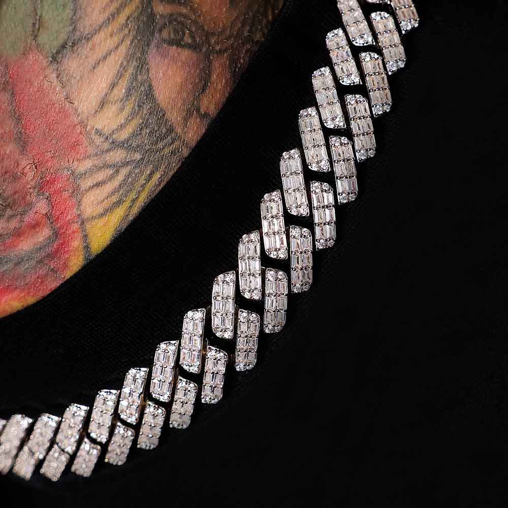 2 Row Diamond Baguette Cuban Chain White Gold 18mm | The