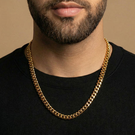 22inch-8mm-gold-plated-miami-cuban-link-chain-on-neck-front-the-gold-gods-mens-jewelry-GMC8MMC22