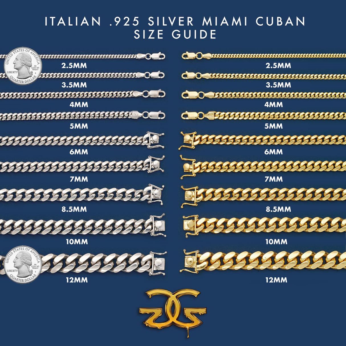 silver miami cuban link chain italian 925 silver gold gods size guide
