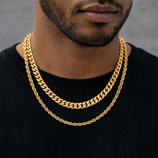 8mm Cuban link and 6mm rope link layered chain set