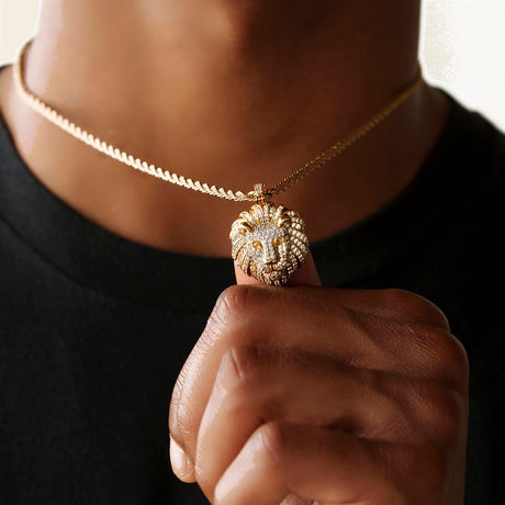Diamond Lion Head Necklace Pendant & Rope Chain 