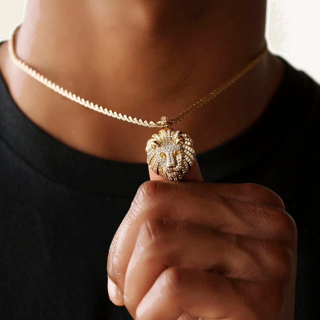 Diamond Lion Head Necklace Pendant & Rope Chain 