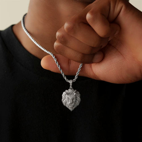 Diamond Lion Head Necklace Pendant & Rope Chain White Gold