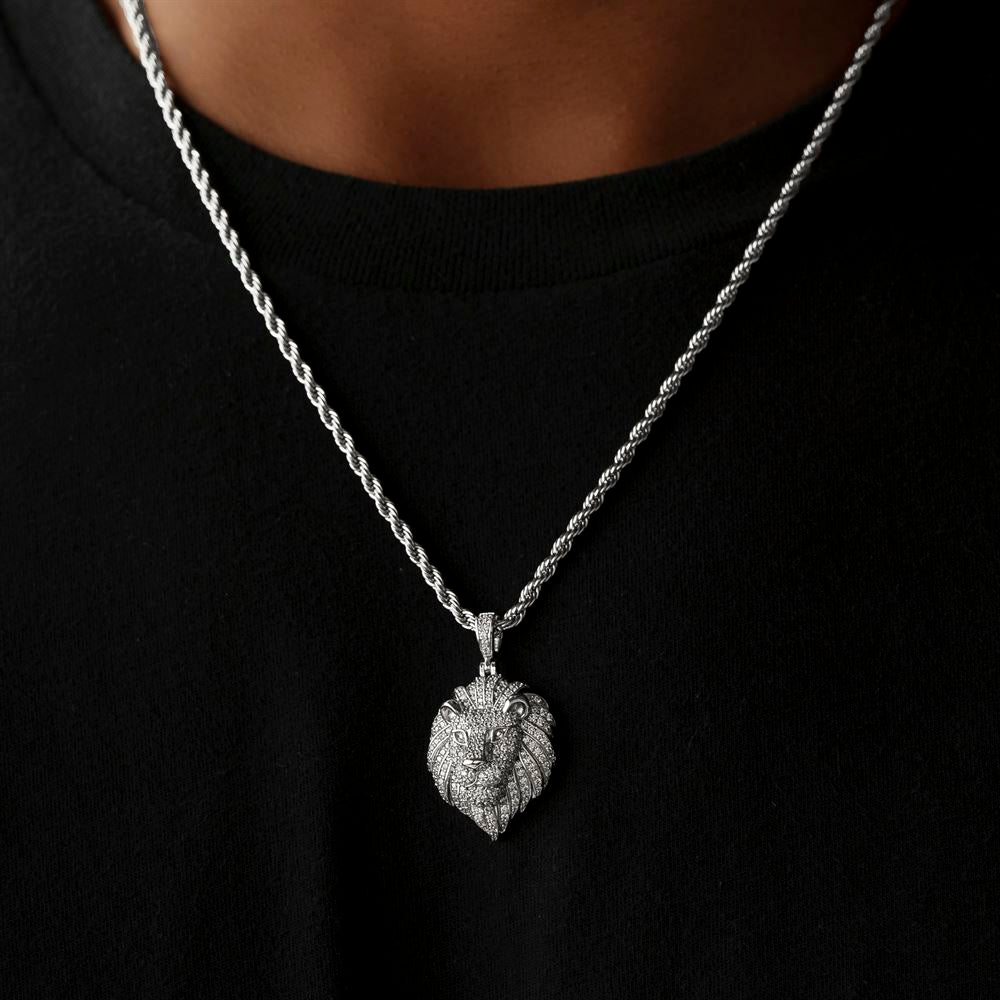 Diamond Lion Head Necklace Pendant & Rope Chain White Gold