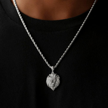 Diamond Lion Head Necklace Pendant & Rope Chain White Gold