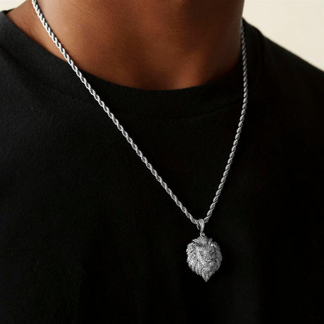 Diamond Lion Head Necklace Pendant & Rope Chain White Gold