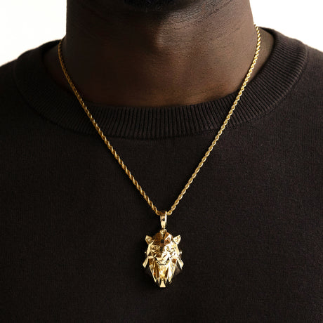 Gold Lion Head Necklace Pendant & Rope Gold Chain