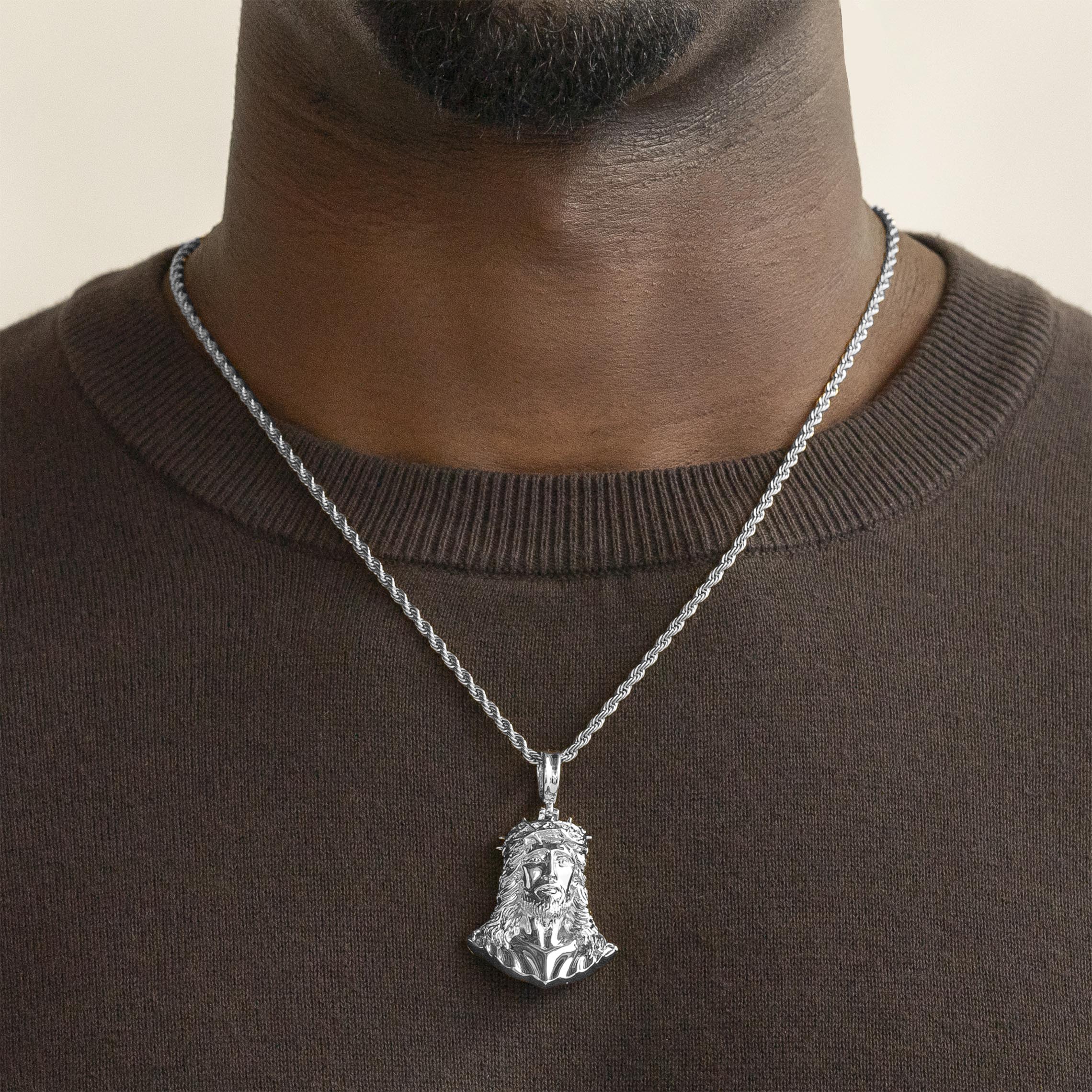 Jesus Pendant Necklace Set white gold with Rope buy Chain