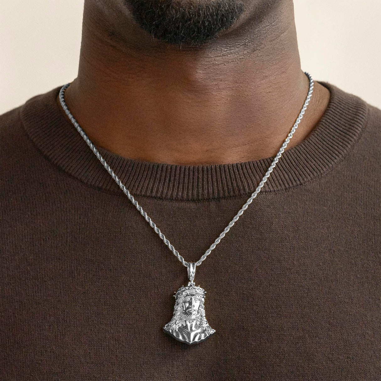 Jesus Piece Necklace Pendant & Rope Chain The Gold Gods White Gold