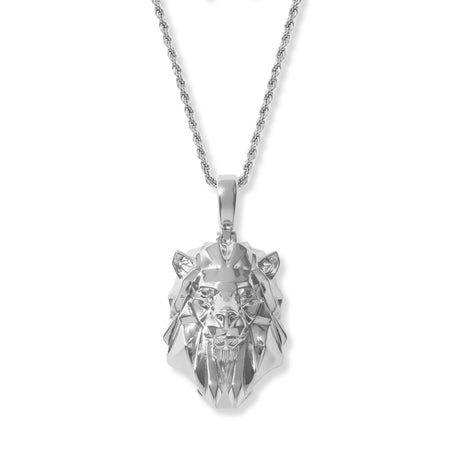 Lion Head Necklace Pendant & Rope Chain White Gold