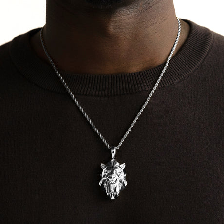 Lion Head Necklace Pendant & Rope Chain White Gold