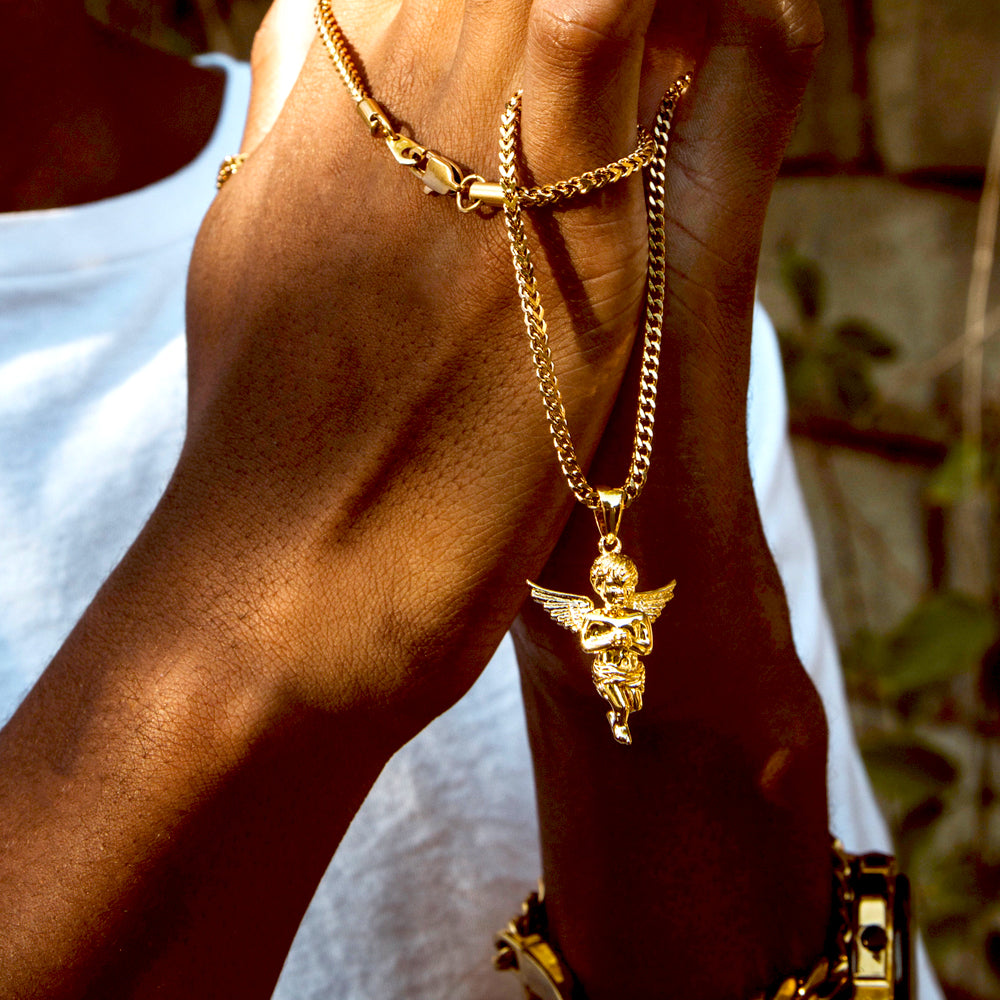 Micro Angel Piece Gold Necklace Pendant & Franco Gold Chain The Gold Gods lifestyle look