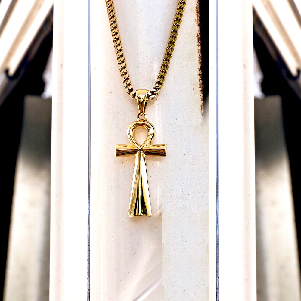 Micro Ankh Piece Gold Necklace Pendant & Franco Box Gold Chain The Gold Gods 