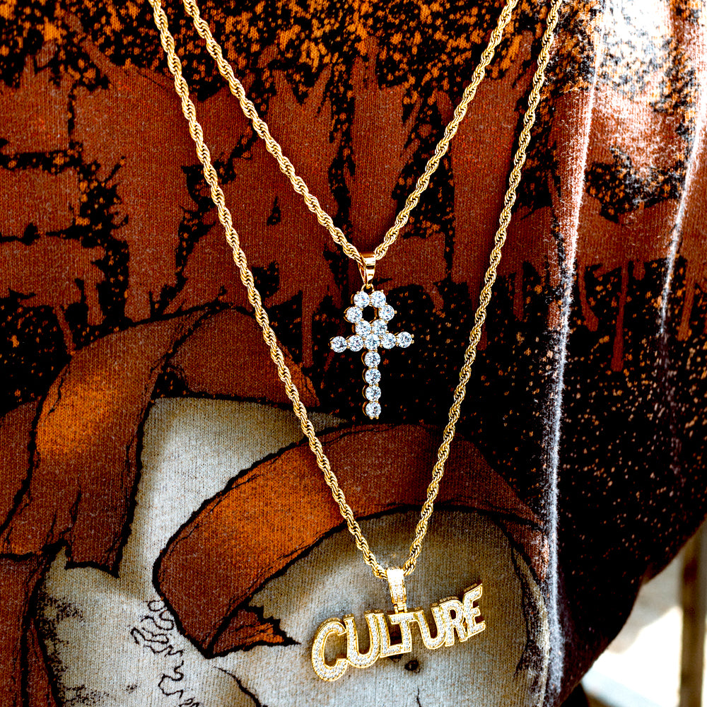MICRO DIAMOND ANKH GOLD NECKLACE PENDANT & ROPE GOLD CHAIN
