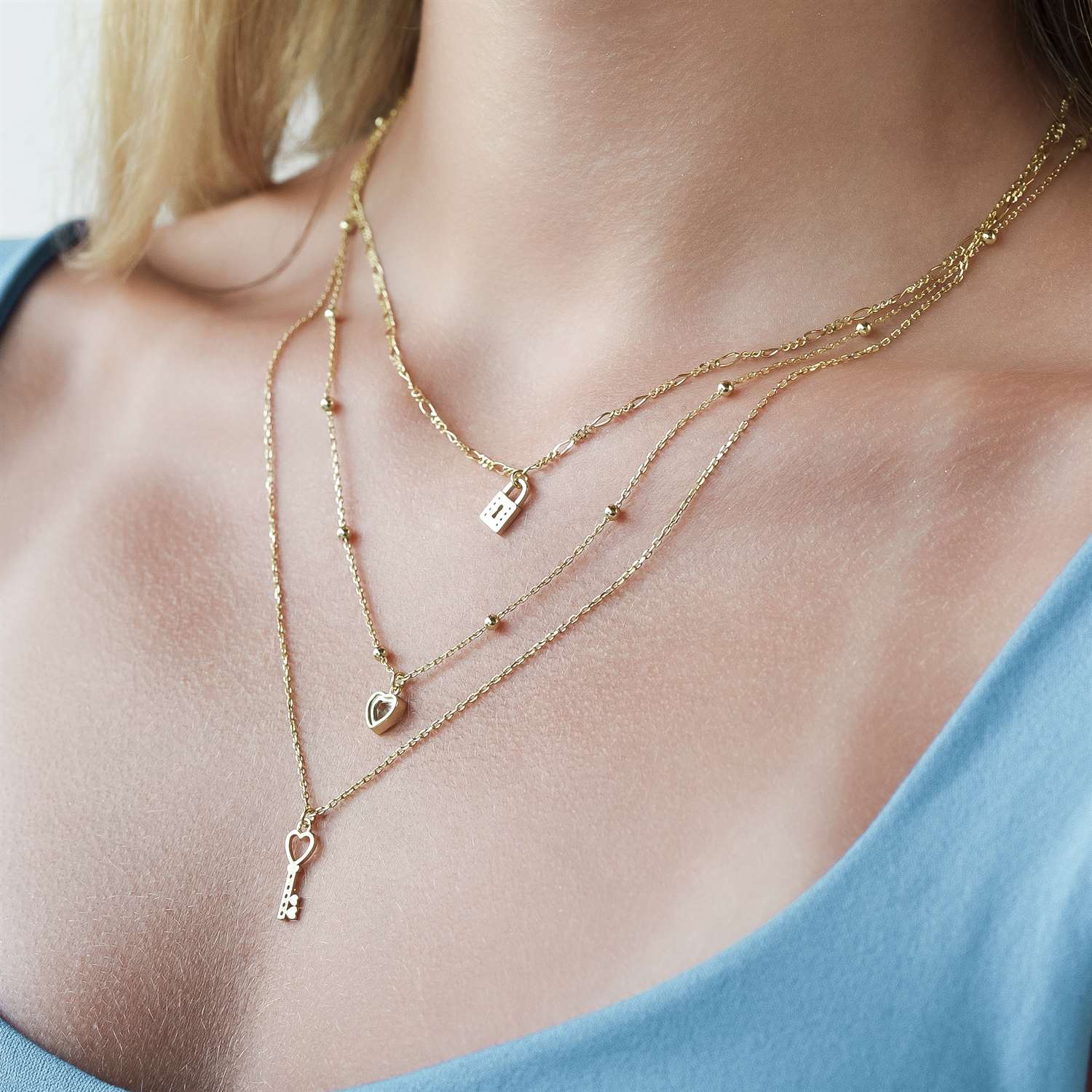 Women's Vermeil Diamond Heart Lock Layared Necklace Pendant