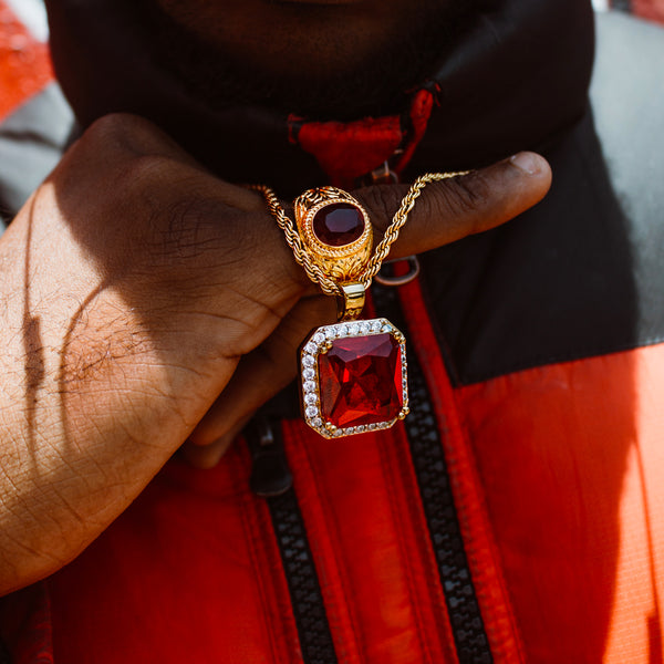 Mens gold chain sale with ruby pendant