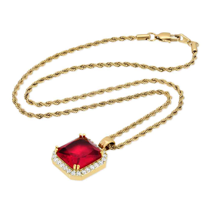 Aura Ruby Necklace Pendant & Gold Chain The Gold Gods top side view 