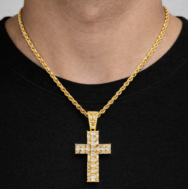 Diamond Emerald Cut Cross Necklace & Mens Rope Gold Chain The Gold Gods