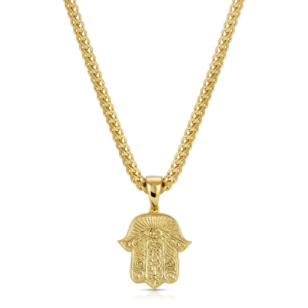 Hamsa Hand Gold Pendant Necklace & Franco Gold Chain The Gold Gods  front view