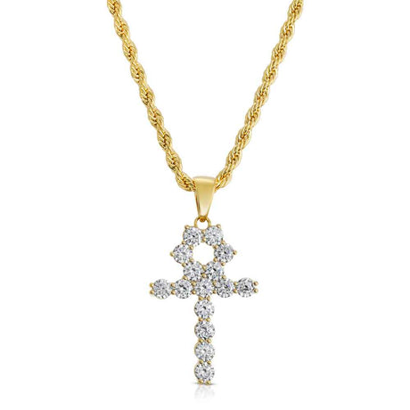 Micro Diamond Ankh Gold Necklace Pendant & Rope Gold Chain  The Gold Gods close up front view