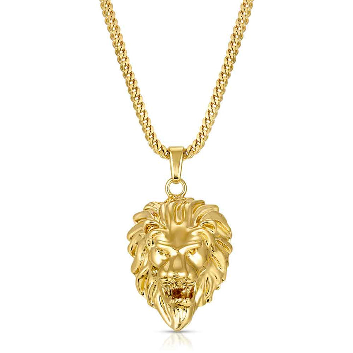 Gold Lion Head Necklace Pendant & Franco Gold Chain The Gold Gods front view