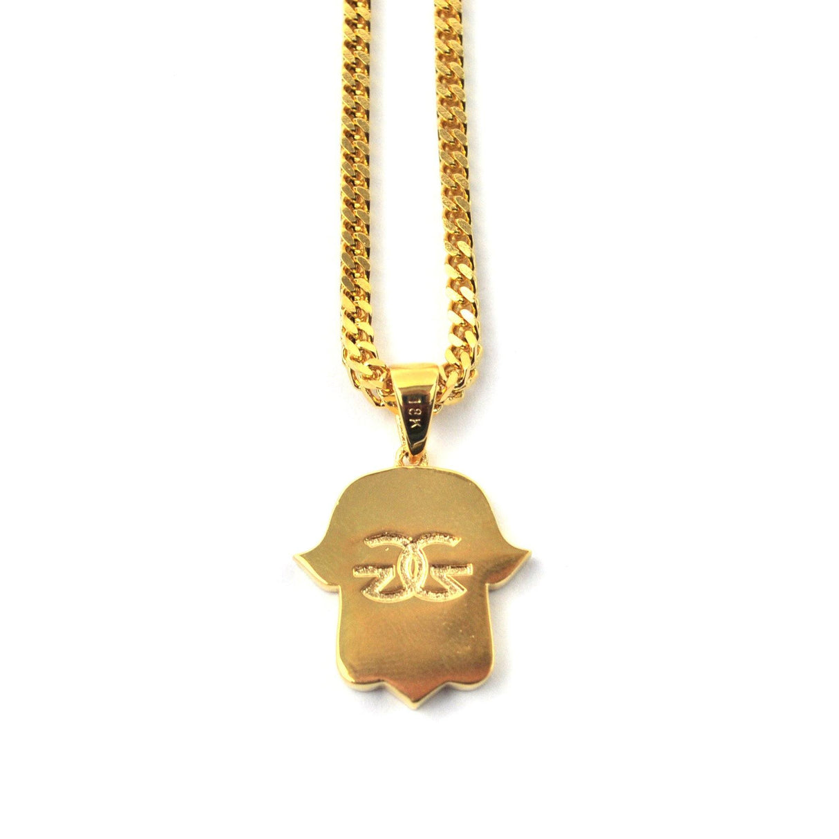 Hamsa Hand Gold Pendant Necklace & Franco Gold Chain The Gold Gods close up rear view