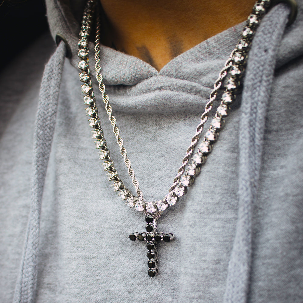 MICRO ONYX CROSS NECKLACE IN WHITE GOLD The-gold-gods-mens-jewelry