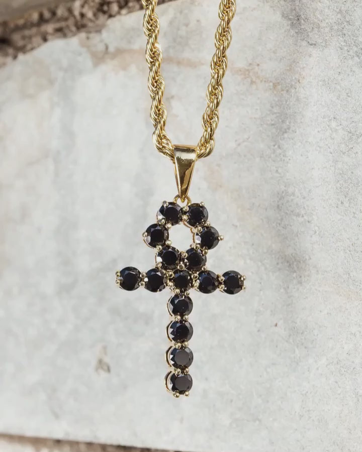Micro Onyx Ankh Cross Necklace Pendant & Rope Chain