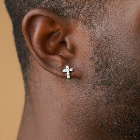 Silver Diamond Mini Cross Earrings