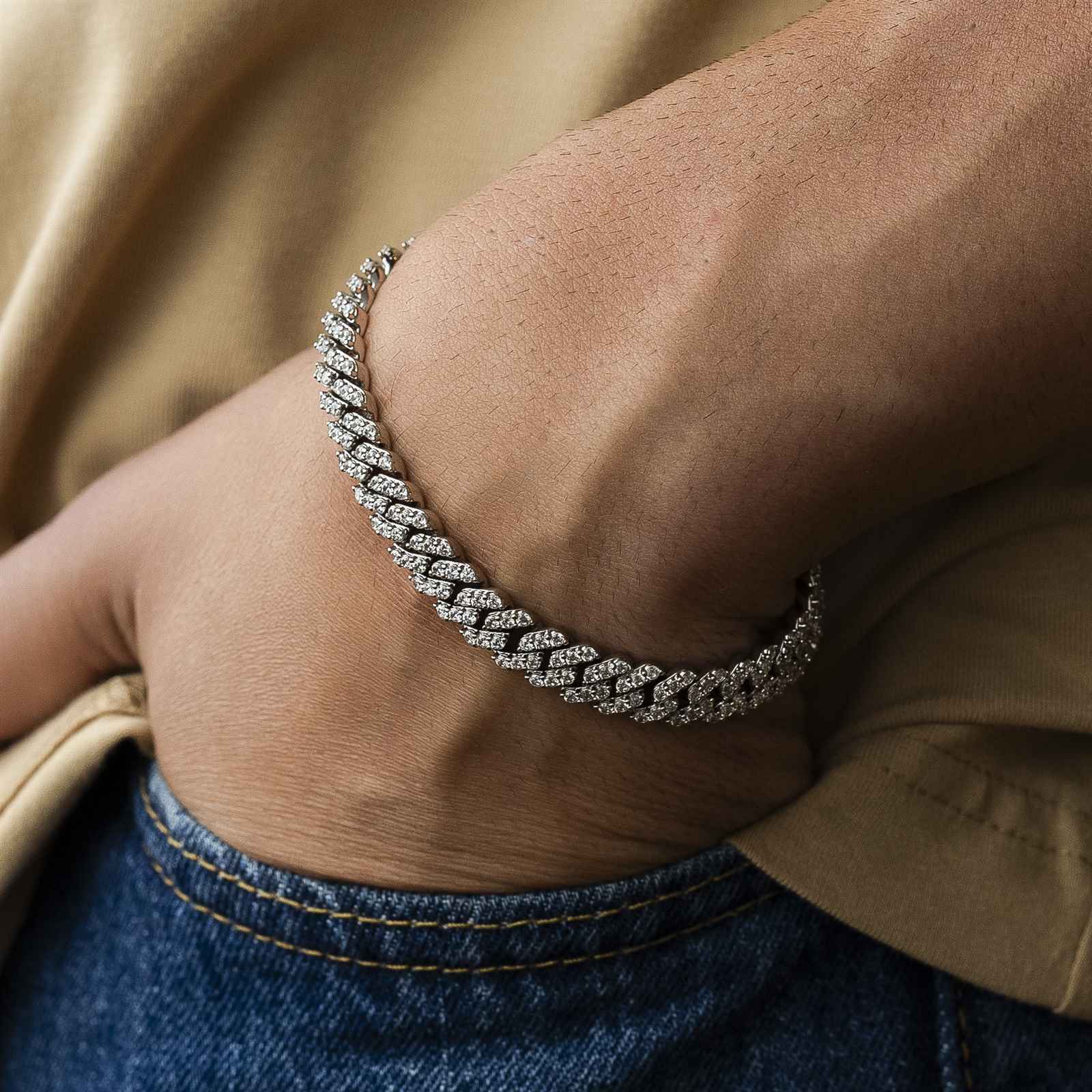Men Silver-Plated American Diamond Link Bracelet Out Diamond Miami Cuban  Link Chain Bracelet for Men