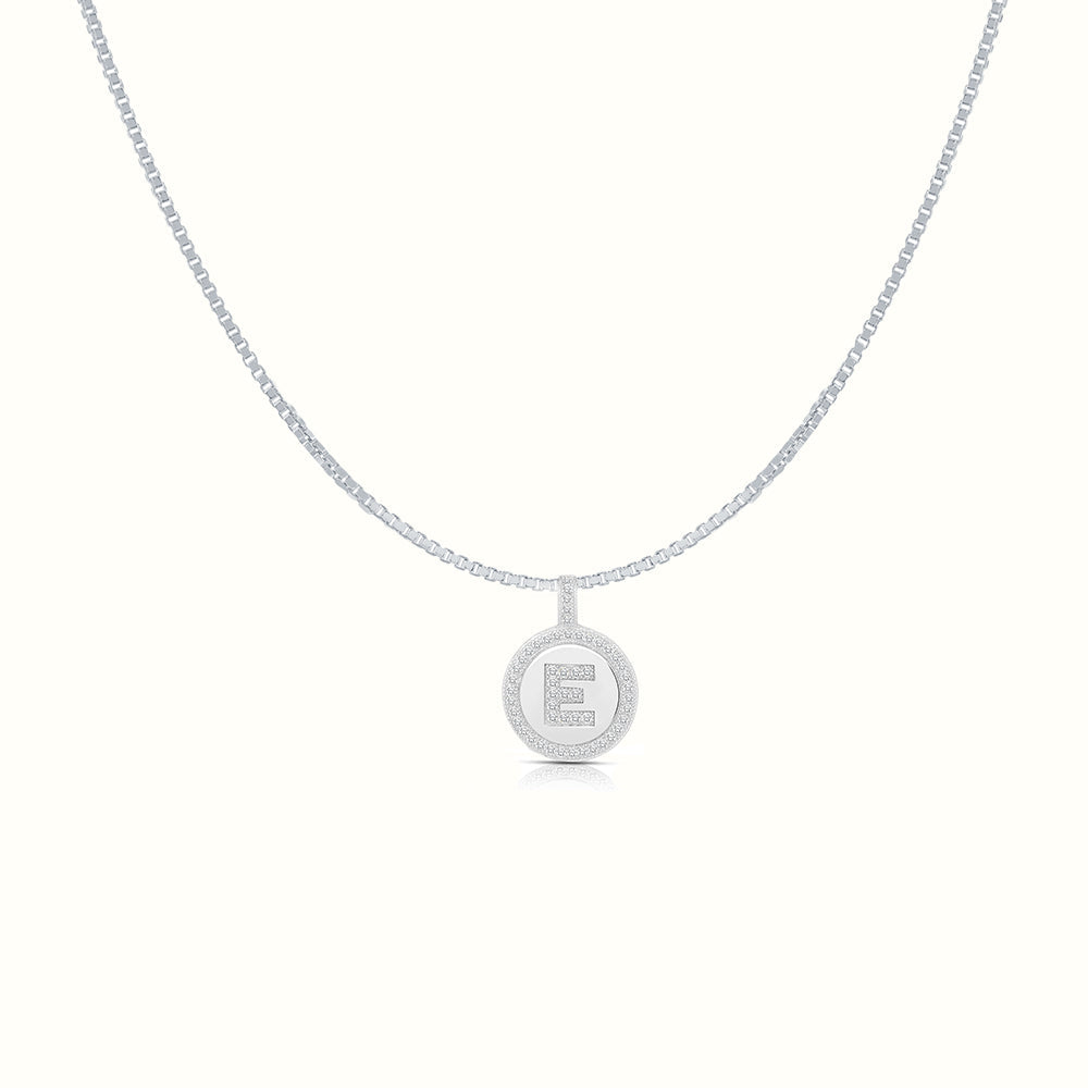 Women's Silver Capital Initial Letter E Coin Micro Diamond Necklace Pendant The Gold Goddess Women’s Jewelry By The Gold Gods