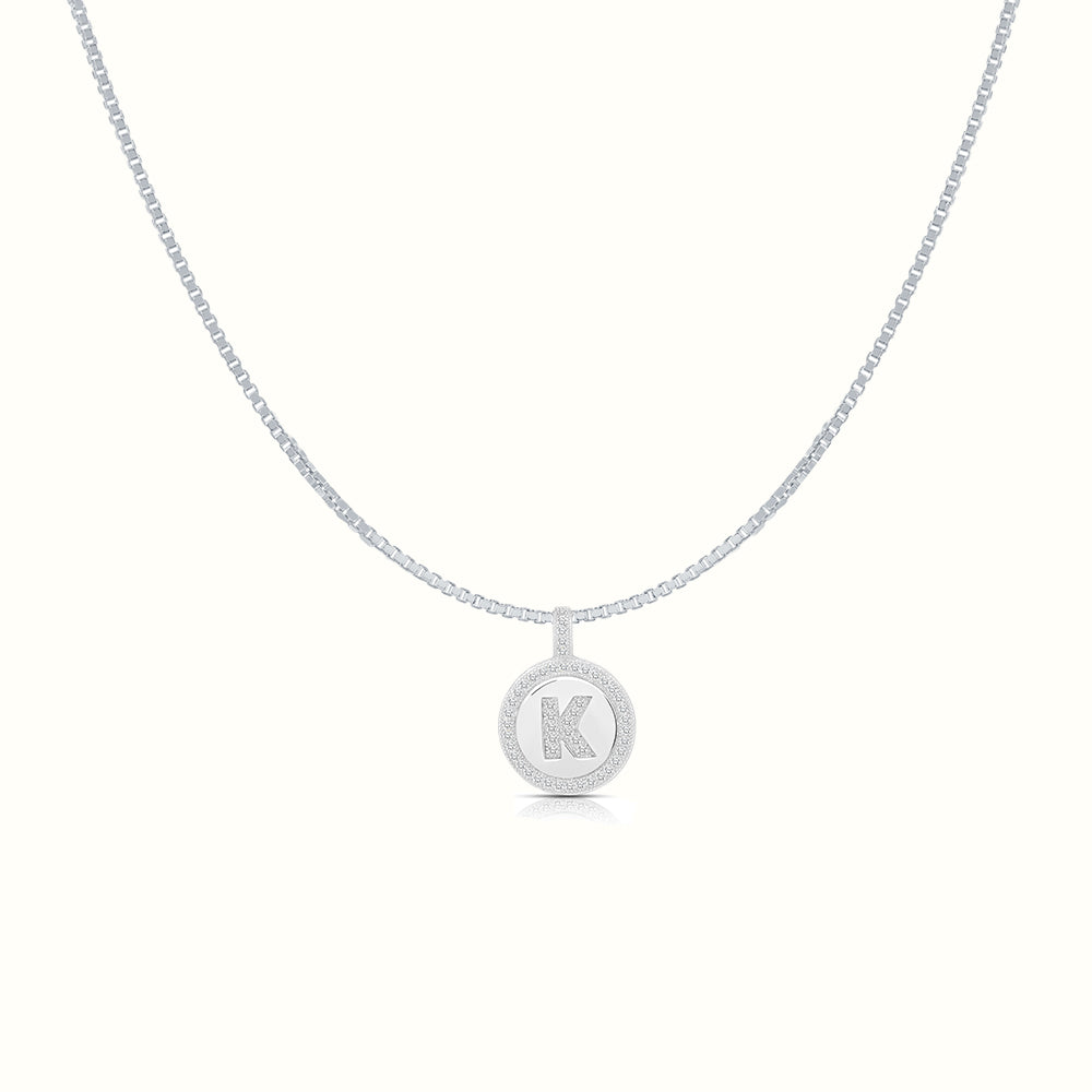 Women's Silver Capital Initial Letter K Coin Micro Diamond Necklace Pendant The Gold Goddess Women’s Jewelry By The Gold Gods