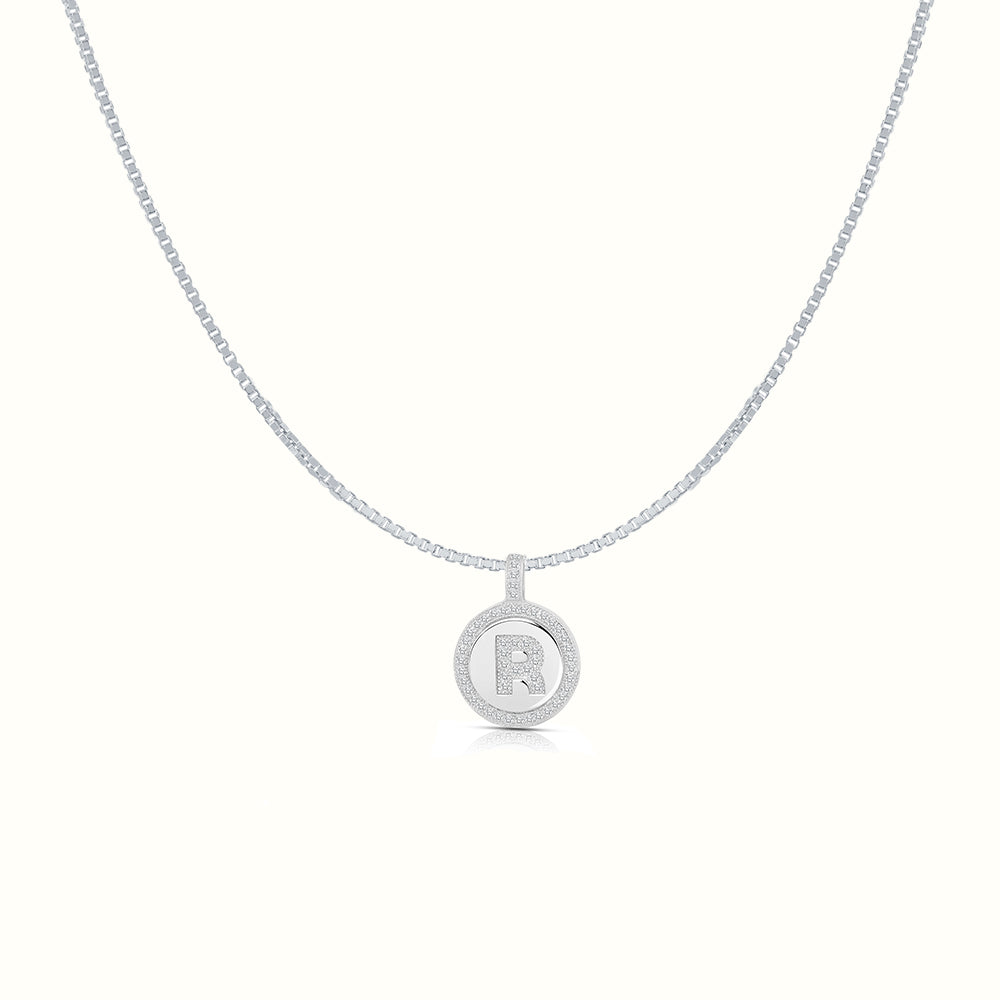 Women's Silver Capital Initial Letter R Coin Micro Diamond Necklace Pendant The Gold Goddess Women’s Jewelry By The Gold Gods