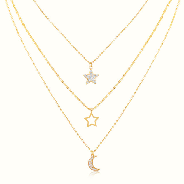 Women's Vermeil 3 Layered Diamond Star Moon Necklace Pendant The Gold Goddess Women’s Jewelry By The Gold Gods