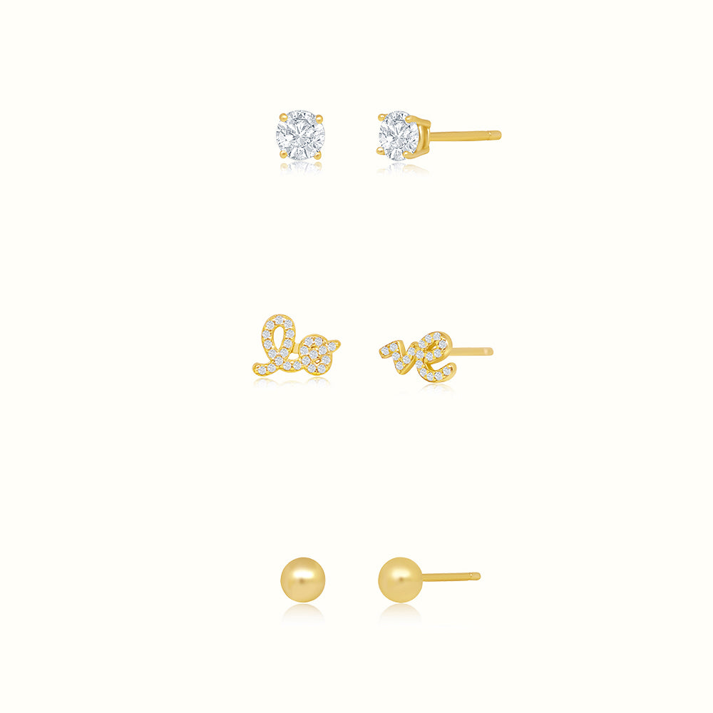 Women's Vermeil 3 Pair Love Gold & Diamond Earring Set The Gold Goddess Women’s Jewelry By The Gold Gods