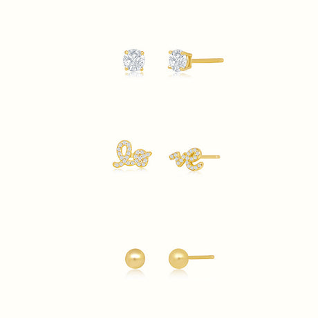 Women's Vermeil 3 Pair Love Gold & Diamond Earring Set The Gold Goddess Women’s Jewelry By The Gold Gods