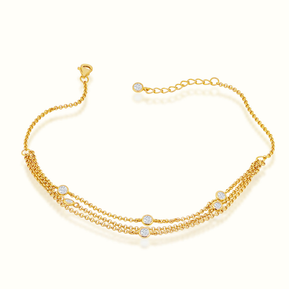 Women's Vermeil Bezel Diamond Triple Chain Anklet The Gold Goddess Women’s Jewelry By The Gold Gods