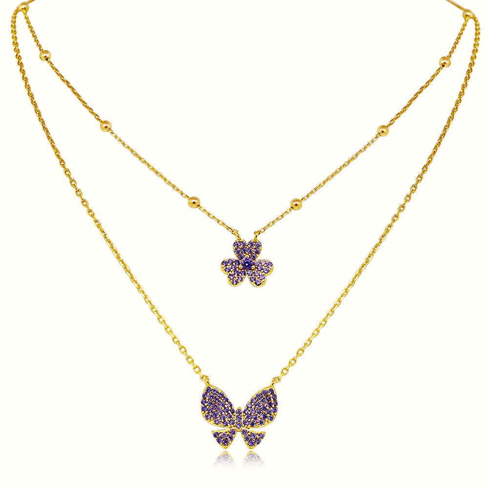 Women's Vermeil Butterfly & Clover Double Layered Necklace Pendant The Gold Goddess Women’s Jewelry By The Gold Gods