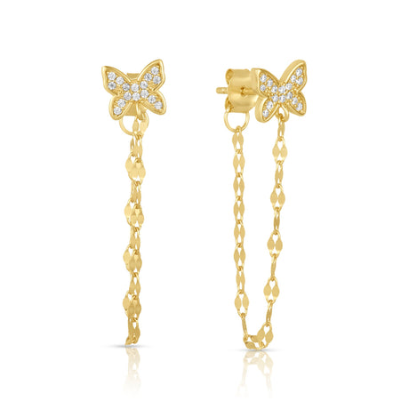 Women's Vermeil Diamond Butterfly Stud Chain Earrings The Gold Goddess Women’s Jewelry By The Gold Gods