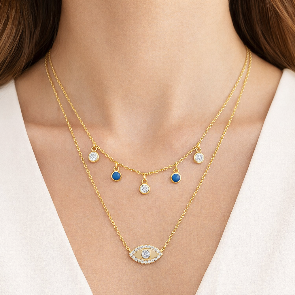 Women's Vermeil Diamond Double Layered Evil Eye Necklace The Gold Goddess Women’s Jewelry By The Gold Gods