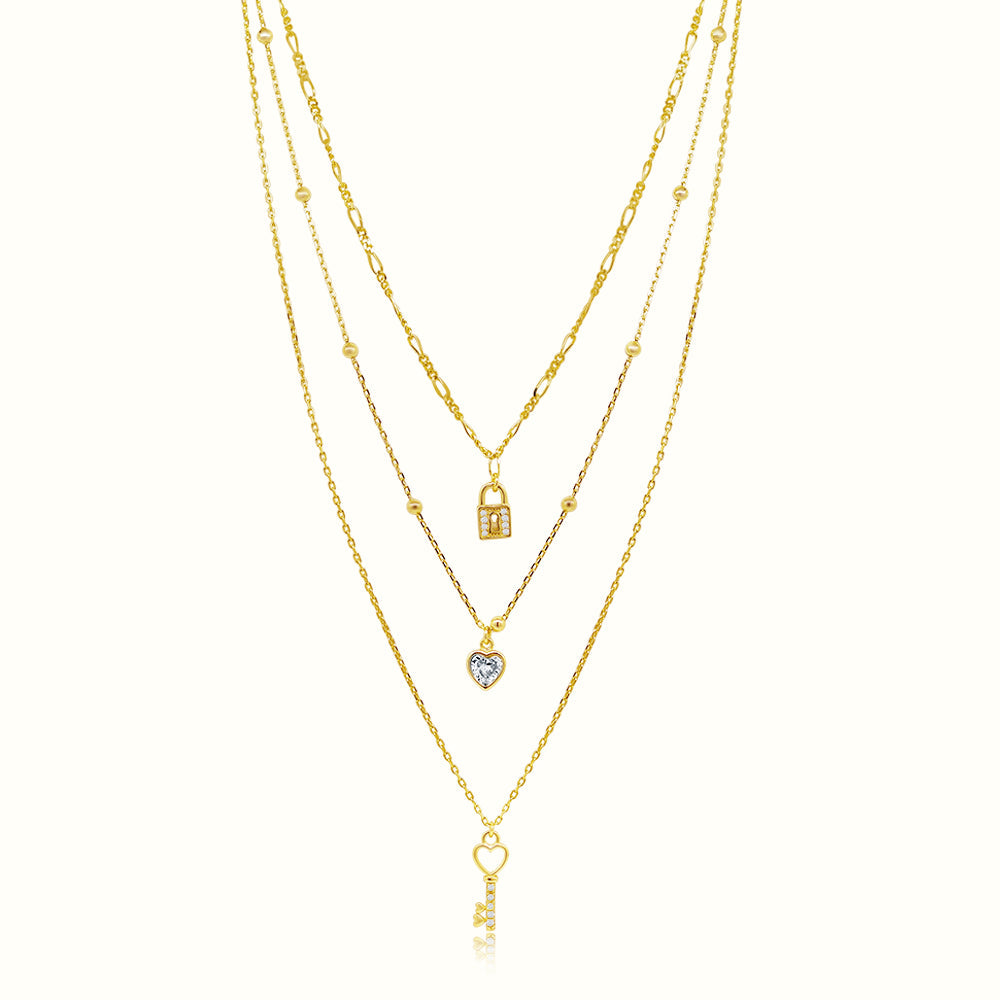 Women's Vermeil Diamond Heart Lock Layared Necklace Pendant The Gold Goddess Women’s Jewelry By The Gold Gods