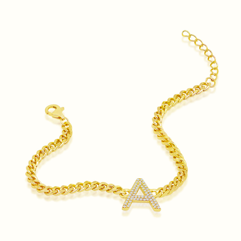 Women's Vermeil Diamond Initial Letter Cuban Bracelet The Gold Goddess Women’s Jewelry By The Gold Gods