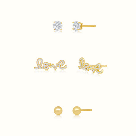 Women's Vermeil Diamond Script Love Trio Earrings The Gold Goddess Women’s Jewelry By The Gold Gods