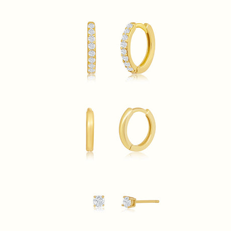 Women's Vermeil Diamond Stud Double Hoops Trio Set Earrings The Gold Goddess Women’s Jewelry By The Gold Gods