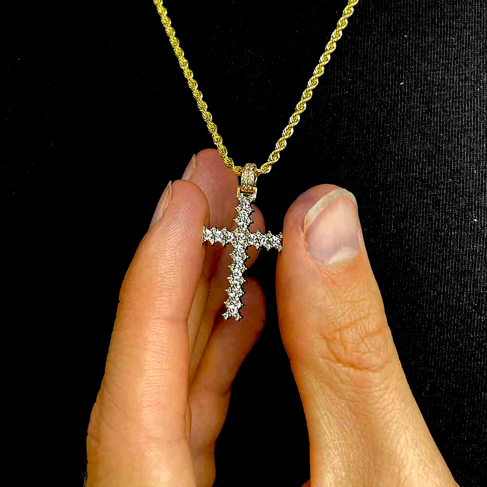 Diamond Fleur de Lis Cross Pendant & Rope Gold Chain | The Gold Gods
